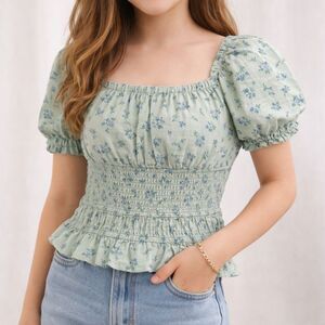 Art Class Smocked Floral Top Girls L 10/12 Puff Sleeve Cottagecore Boho